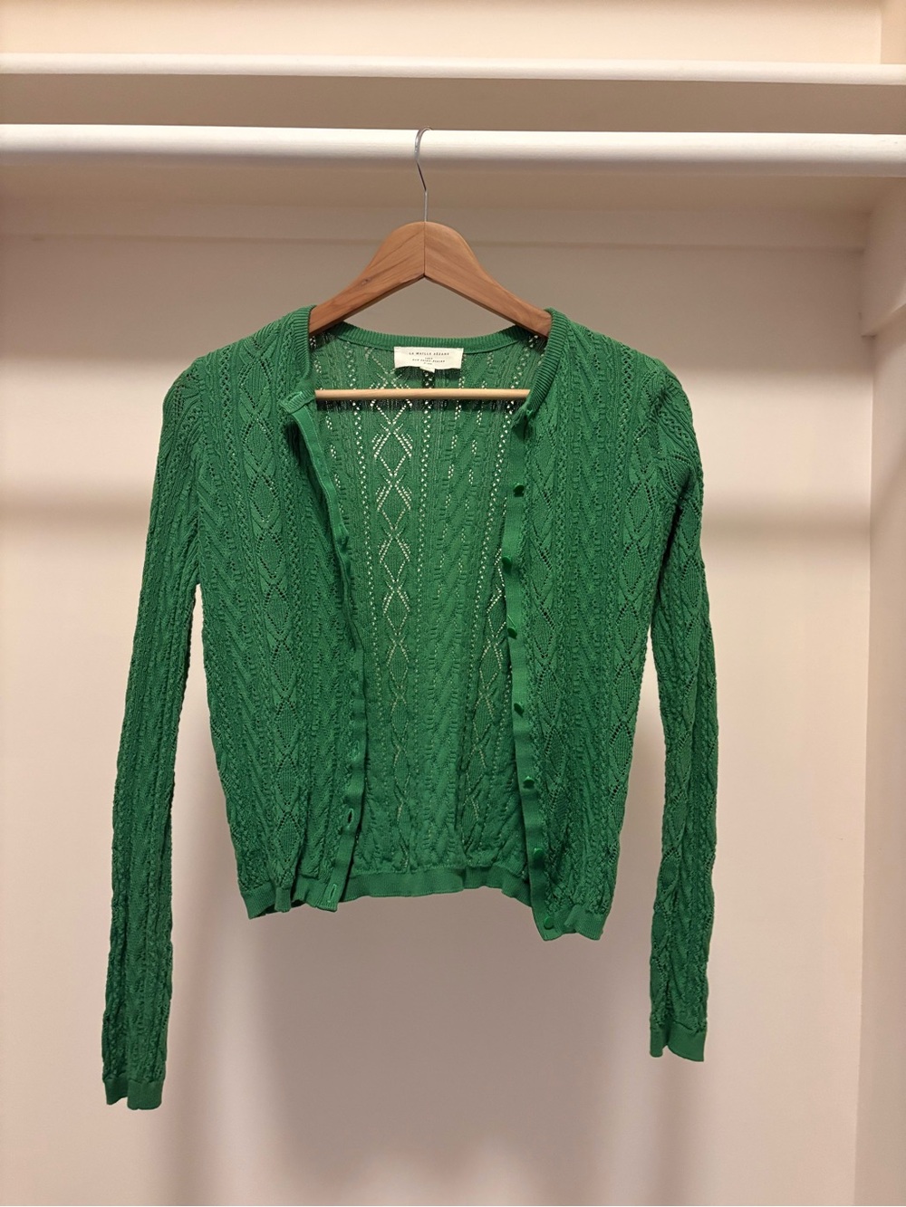 Sézane Green Openwork Cable-Knit Cardigan